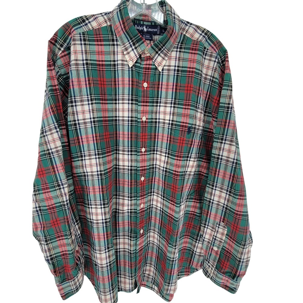 Ralph Lauren Blaire Mens Large Plaid Button Down Shirt Green Red Long Sleeve L